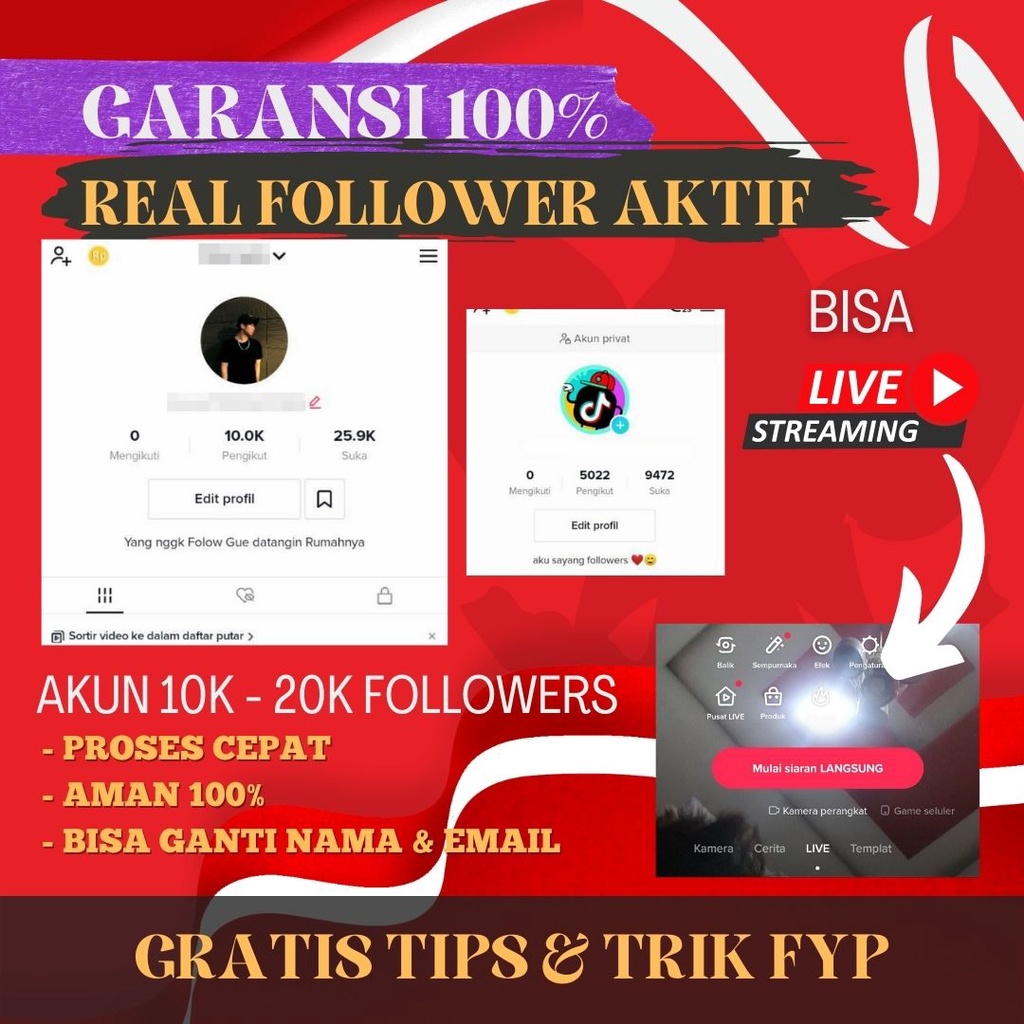 Pabrik Akun Tiktok Followers Aktif Indo Real Aktif FYP Bisa Live Tiktok Shop Murah Bergaransi 10k-20k