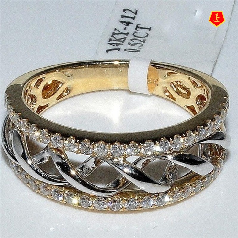 [Ready Stock]18K Gold Split Two-Tone Diamond Ring Fashion All-Match Women's