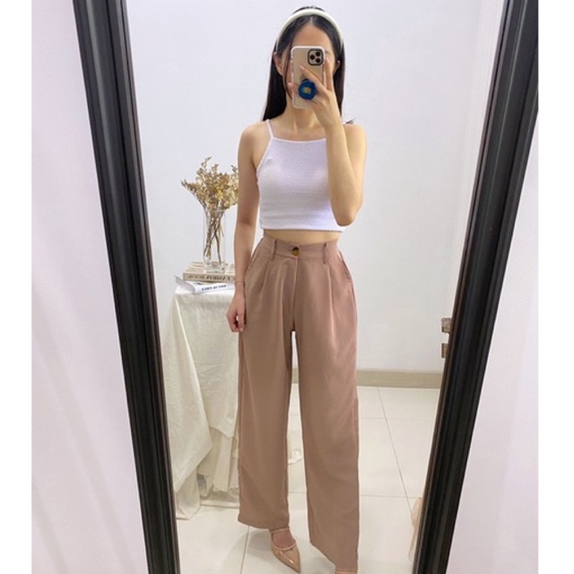 KANA Basic Long Pants / Loose Button Kulot / Celana Bahan Korea / Celana Linen Wanita / Celana Satu Kancing Kantor P3