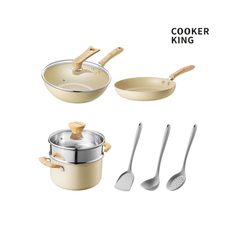 Cooker King Set Panci Granite Coating Anti Lengket Creme Series (isi 3 pcs Panci + Steamer)