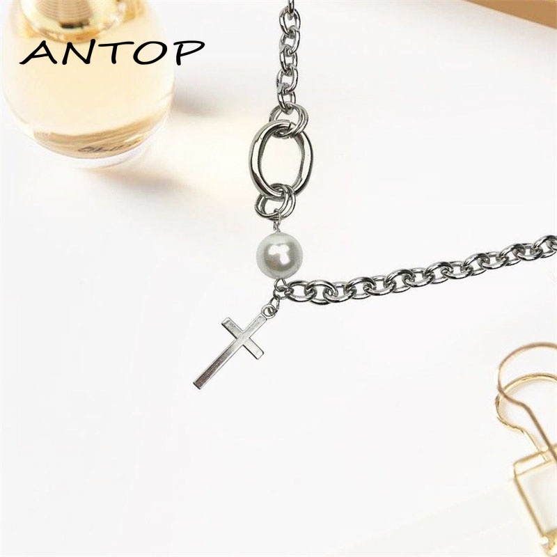 Korea Ins Cross Kalung Mutiara Clavicle Chain Aksesoris Fashion Wanita ANTOP