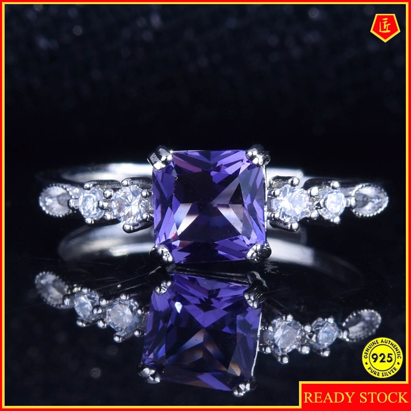 All-Match Colored Gems Square Diamond Amethyst Open Ring