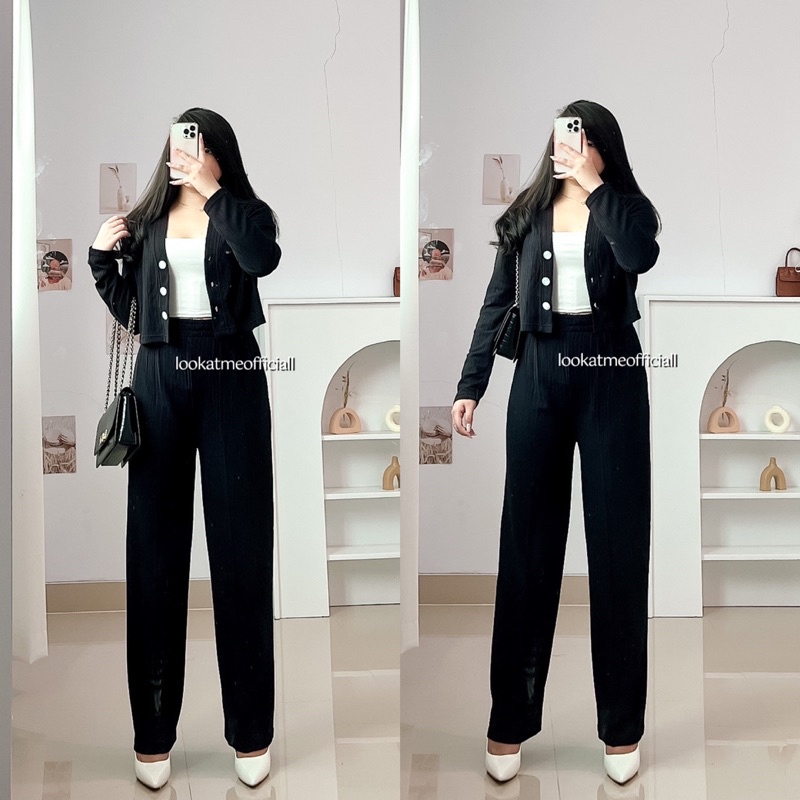 Lookatmeofficial • Set Casey Premium Knit (Cardi+Pants) / Setelan Wanita Crop dan Celana Kulot-5