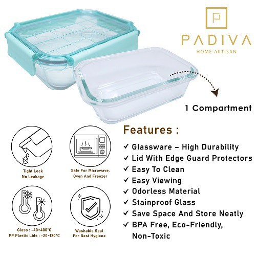 Padiva 640ml Aqua (2pcs) Crystal Glassbox 1 compartment - GBC640SA