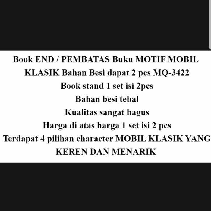 

Cuci Gudang Stand Book/Book End/ Pembatas Buku Motif Mobil / Car Besi Dapat 2Pcs Bagus
