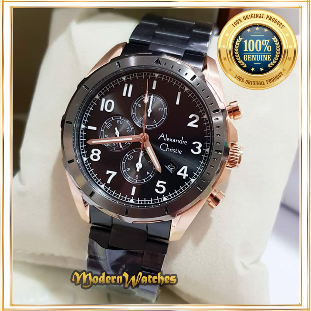 Jam Tangan Pria Ori Alexandre Christie AC 6556 Hitam Rosegold Black Rantai Stainless Sporty 10 ATM