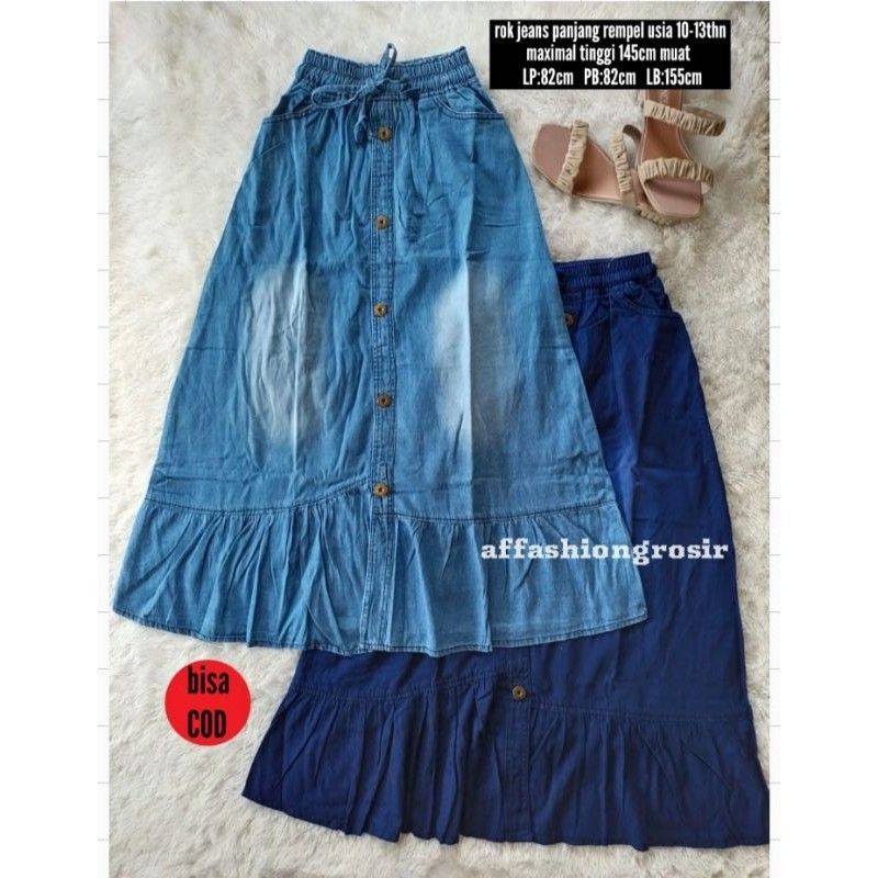 Rok jeans rempel panjang anak perempuan/rok jeans kancing/rok jeans kerut bawah