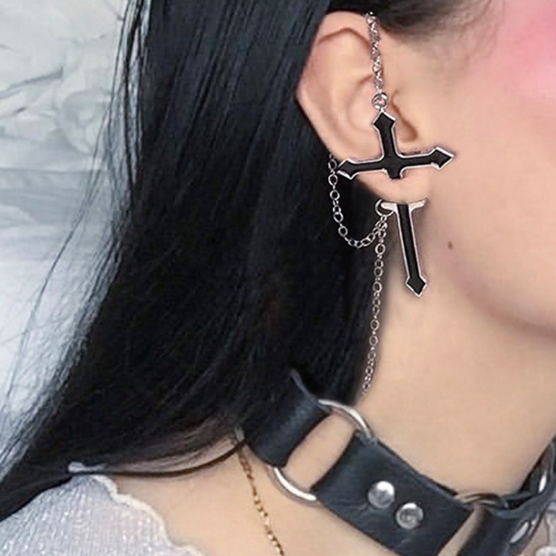 19144Korean personality cross hanging earrings，Chain zipper wild earrings fashion ear bone clip