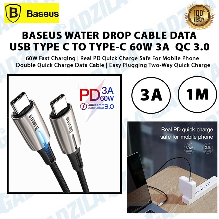 BASEUS KABEL DATA USB TYPE C to TYPE-C CABLE 60W 3A WATER DROP QC 3.0