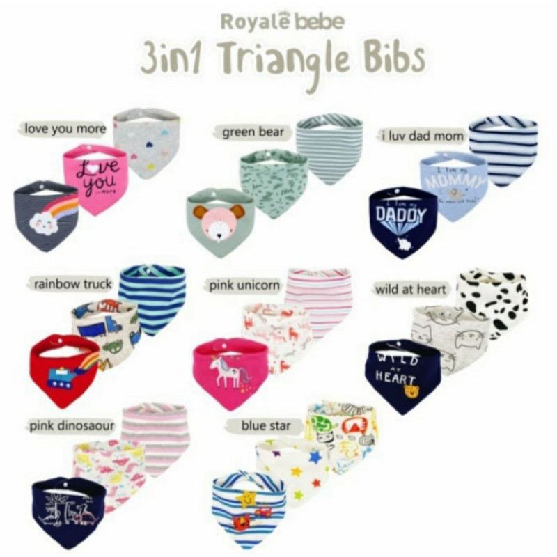 ROYAL BEBE 3in1 Triangle Bibs Slabber Segi Tiga Celemek Bayi