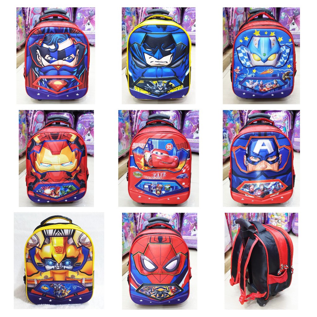 Tas Dorong Troli Anak TK Cowok KARAKTER SUPERHERO SUPERMAN BATMAN SPIDERMAN ULTRAMAN 3D - IMPORT