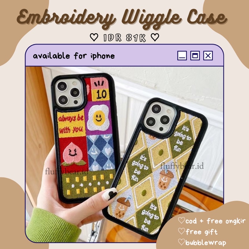 EMBROIDERY WIGGLE CASE IPHONE MOTIF BOBA PEACHY/WIGGLE CASE/PINTEREST CASE/AESTHETIC CASE/WILDFLOWER