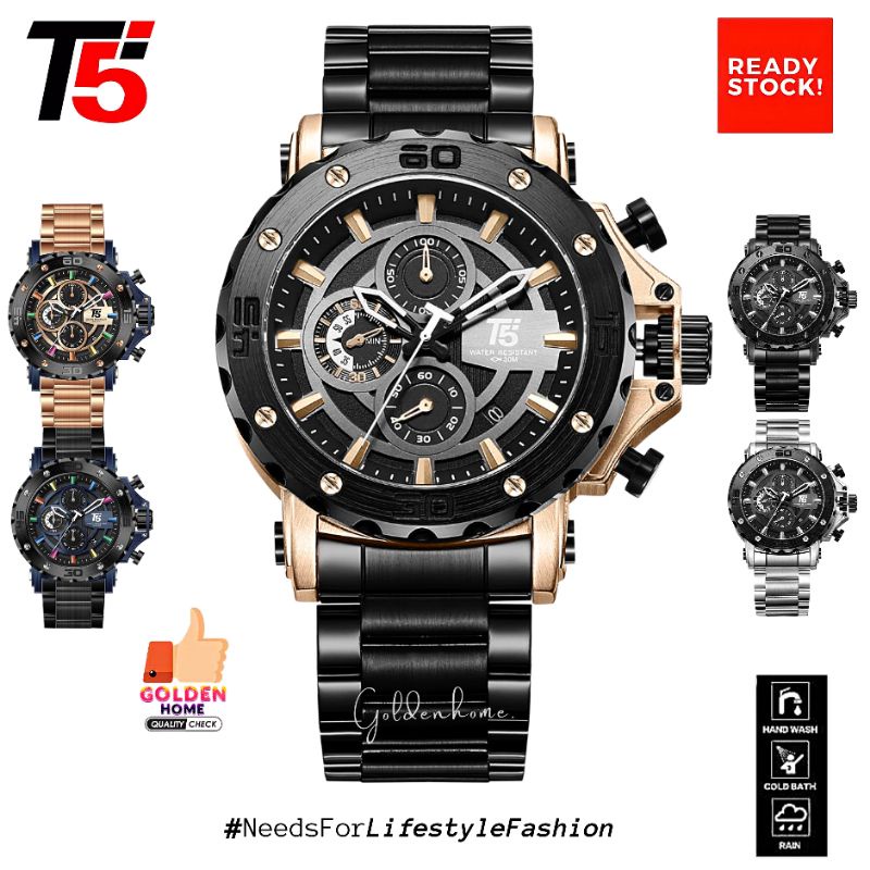 Jam Pria T5 Original 100% H3702 3702 H3702G Chronograph Free Gift/Hadiah  free tin box + tas 3ATM Ja