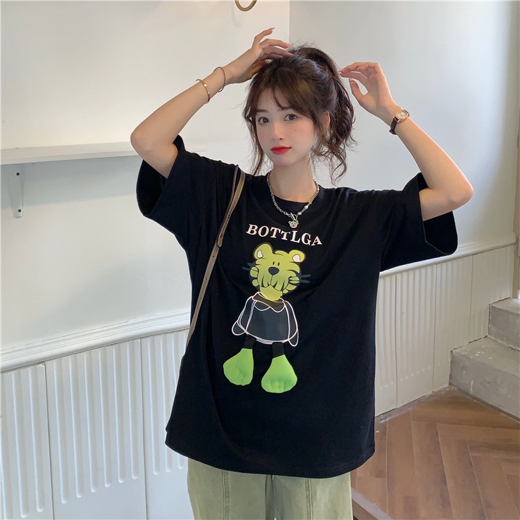 #Sisjuly# 2022Musim Semi Wanita Desain Rasa Tiga Dimensi Kartun Tiger Dicetak Lengan PendekTWanita Longgar Pel