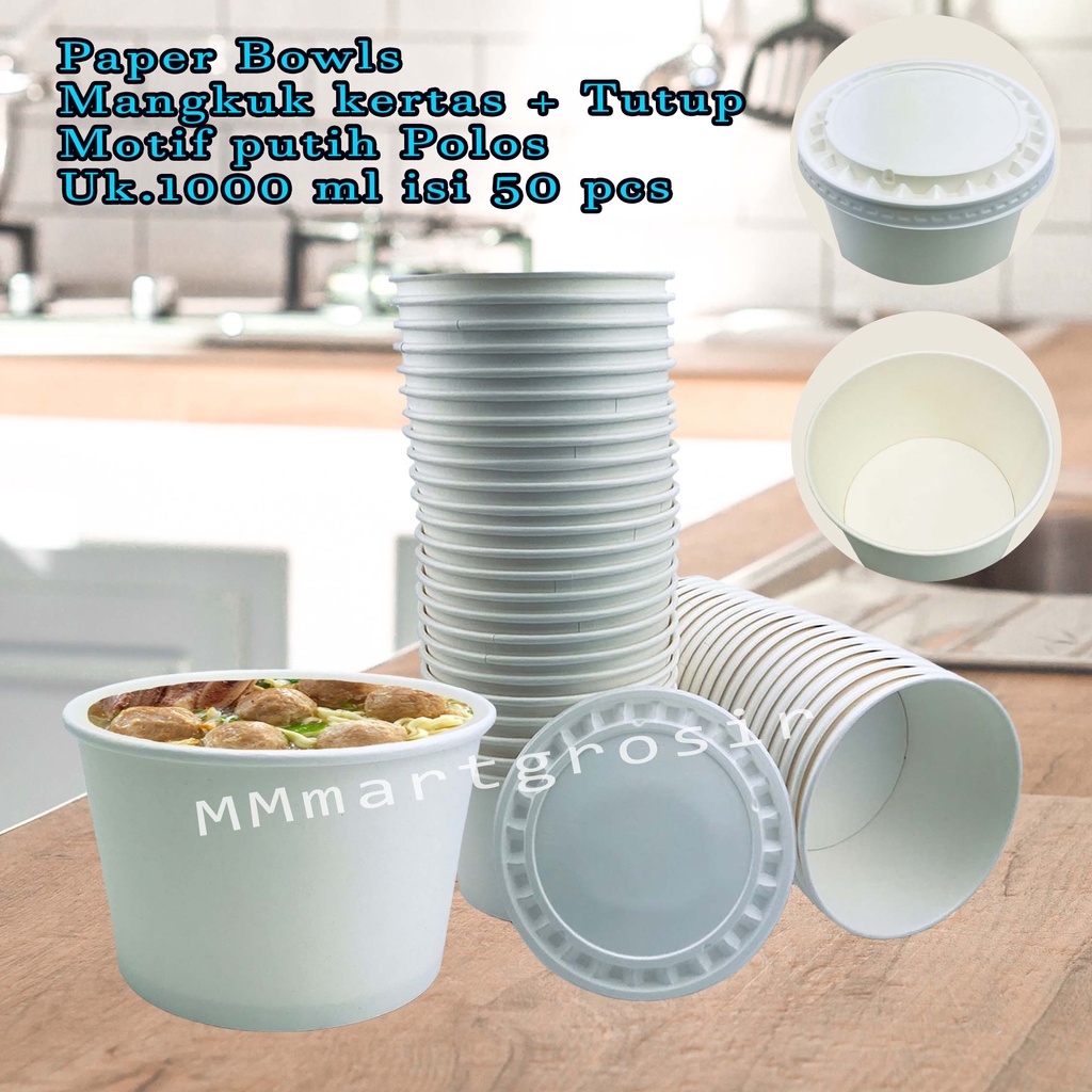 Paper Bowls / Mangkuk kertas + Tutup / Motif putih Polos / 1000 ml isi 50pcs