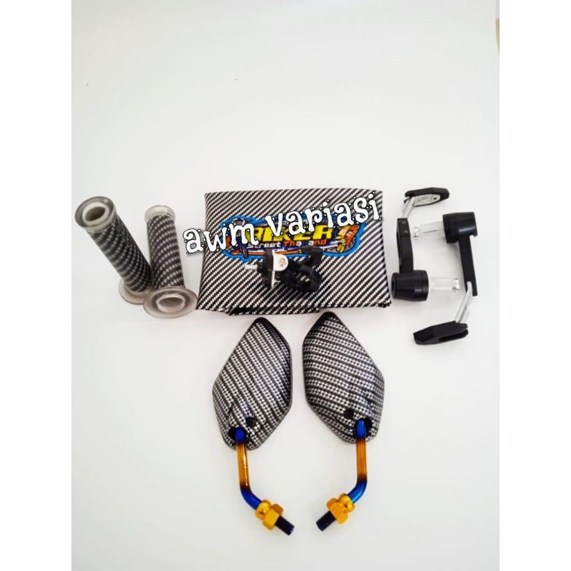 Kulit Jok Biker + Progruad Robot + Spion Jupiter + Handgrip Carbon + Gantungan Cabang 2 Universal