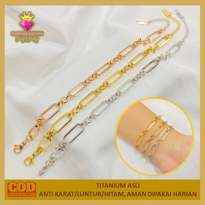 Gelang Tangan Wanita Titanium Asli Rantai Polos Import Putih Silver Gold Rosegold Anti Karat Selaman