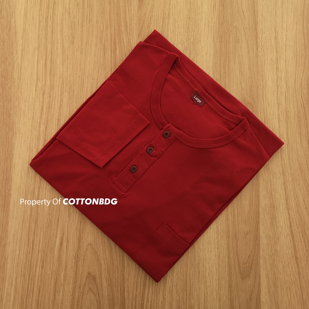 KAOS SAKU KANCING PRIA POLOS WARNA MAROON SOLID HENLEY TANGAN PANJANG UKURAN S-XL BAHAN COTTON COMBED 30S ORGINAL