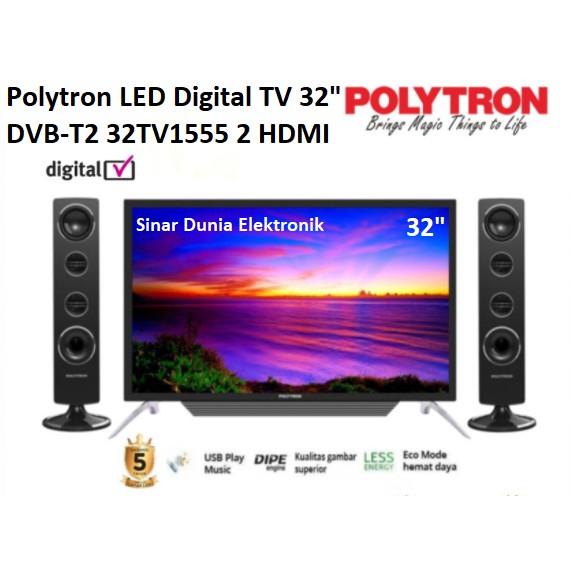 Polytron LED Digital TV 32&quot; DVB-T2 Cinemax 32TV1555 Speaker Tower