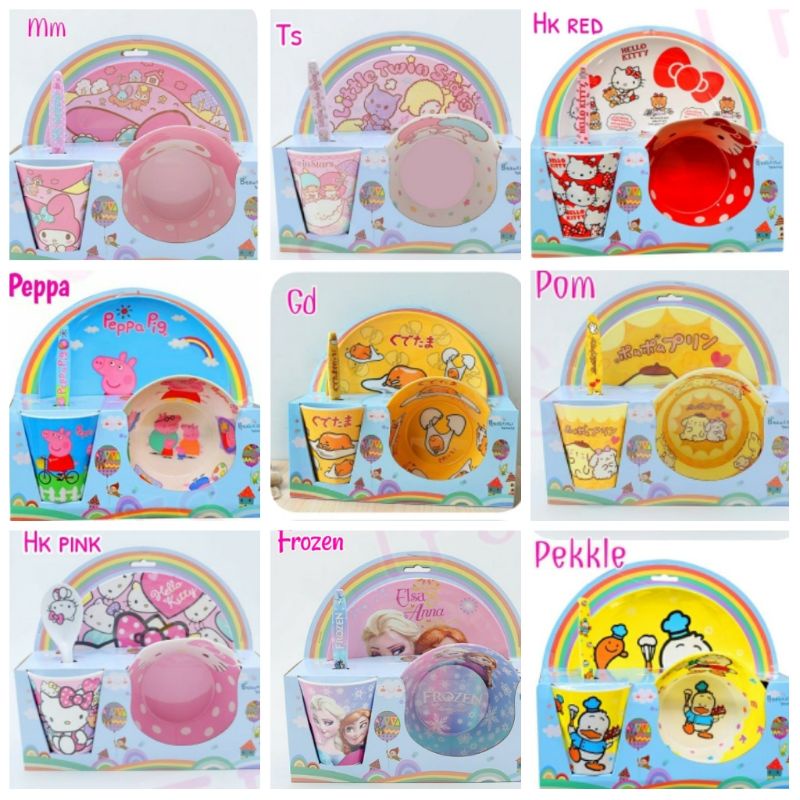 Set piring melamin Melody Hello Kitty Frozen Pekkle Tsum tsum Gudetama