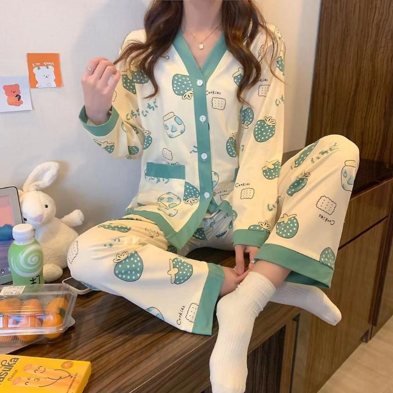 Setelan piyama kancing prisket PP import/sleepwear wanita/fashion piyama import