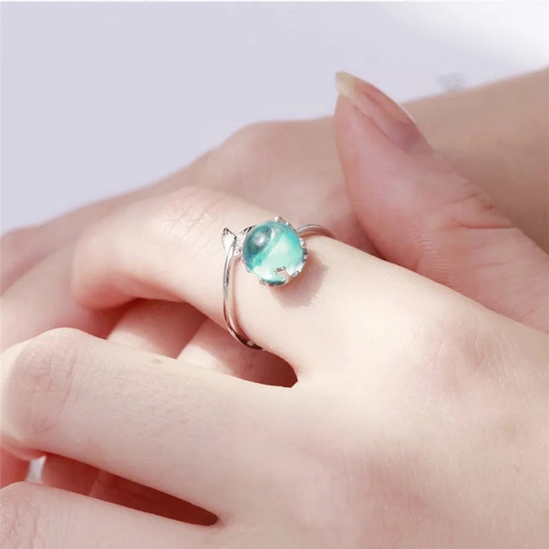 Cincin Model Terbuka Desain Ekor Mermaid Hias Kristal Biru Untuk Wanita