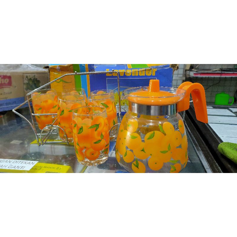 Gelas Set Teko Kaca Rak stainless steel 6gelas 1 teko