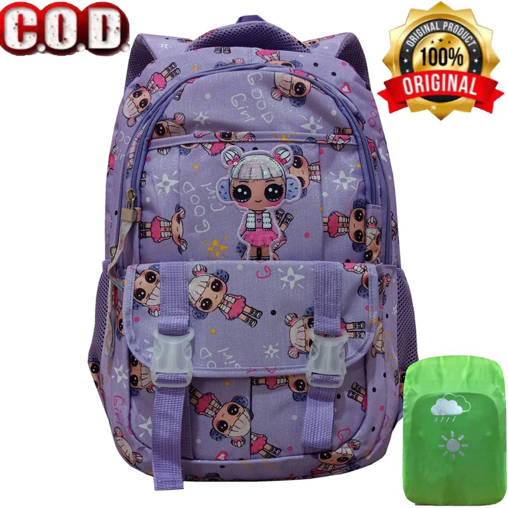 Tas Ransel Anak Sekolah Perempuan SD Fortune 3F 220107 Ungu Raincover