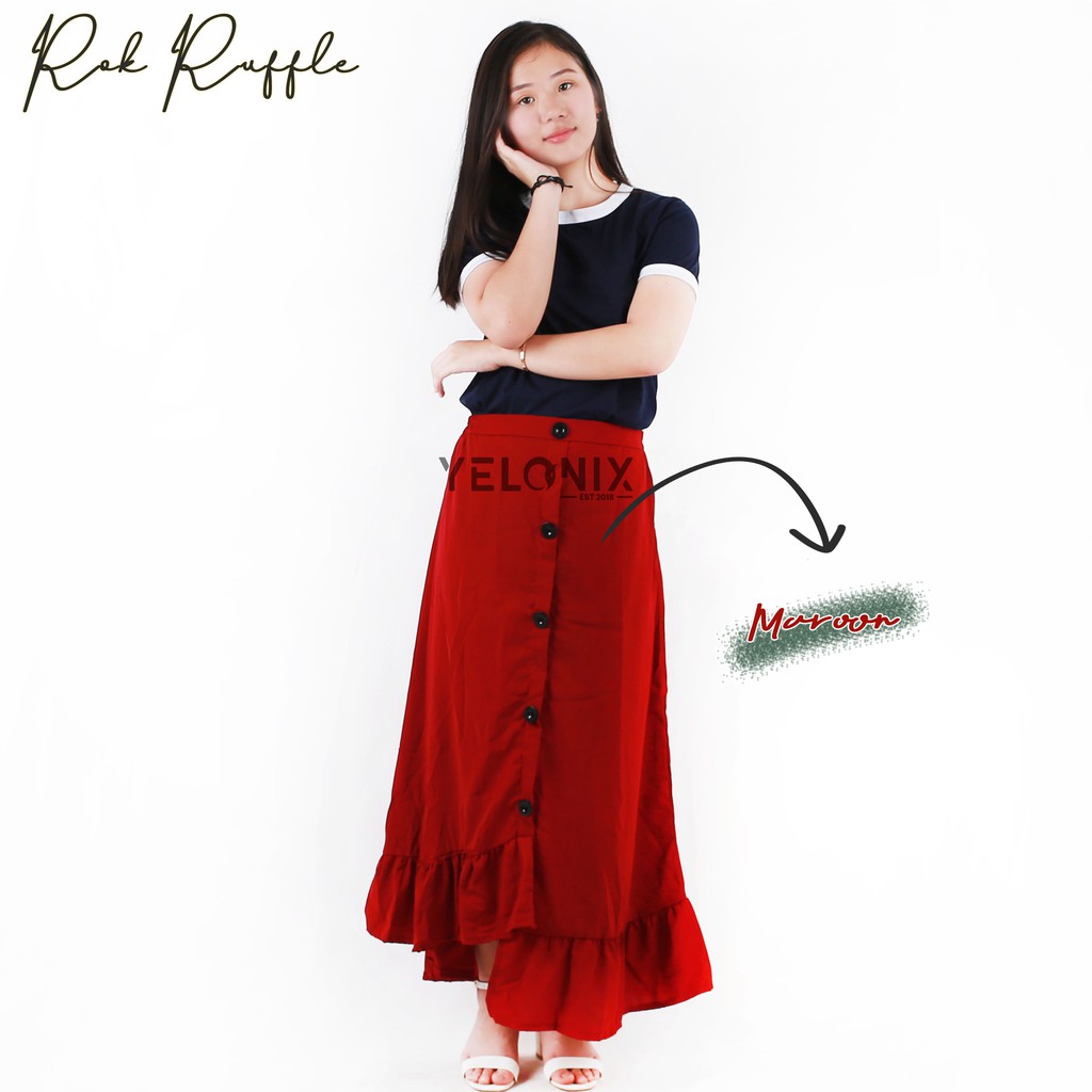 Rok Ruffle PANJANG Rample Korea Rok Kancing Button Skrit Pinggang Karet - YELONIX-MAROON