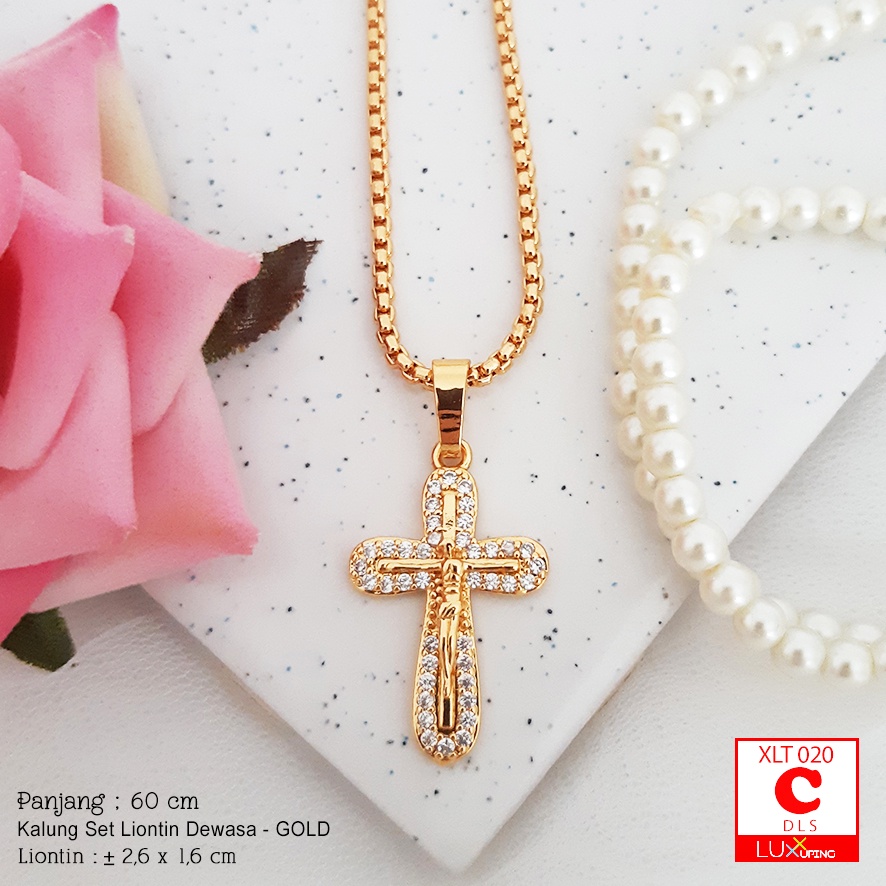 XLT 020 Kalung Salib Panjang 60 cm Liontin Kristen Katolik Rohani Corpus Tubuh Yesus Rosario Permata Sirkon Luxx Xuping