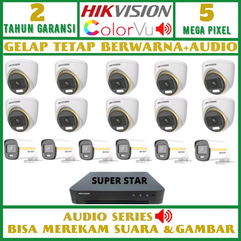 PAKET CCTV HIKVISION COLORVU 5MP 16 CHANNEL 16 KAMERA AUDIO SIANG MALAM BERWARNA