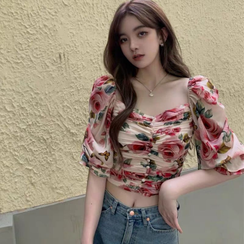 MDLV ~ 6692 Rosamund Ruched Top Crop Top Flower Korea Look Fashion import