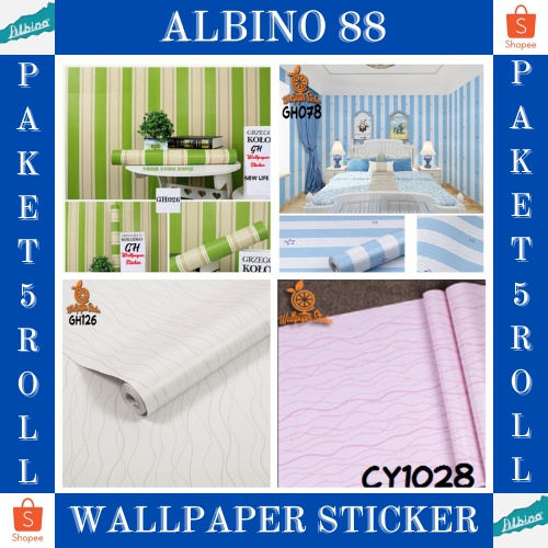 PAKET 5 ROLL Wallpaper Sticker Dinding Walpaper Stiker Ruang Tamu Walpeper Tembok Kamar Tidur 3d Garis Salur Line Gm552 Murah