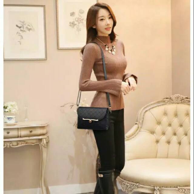 Tas bahu wanita - Tas slempang hitam kotak diagonal