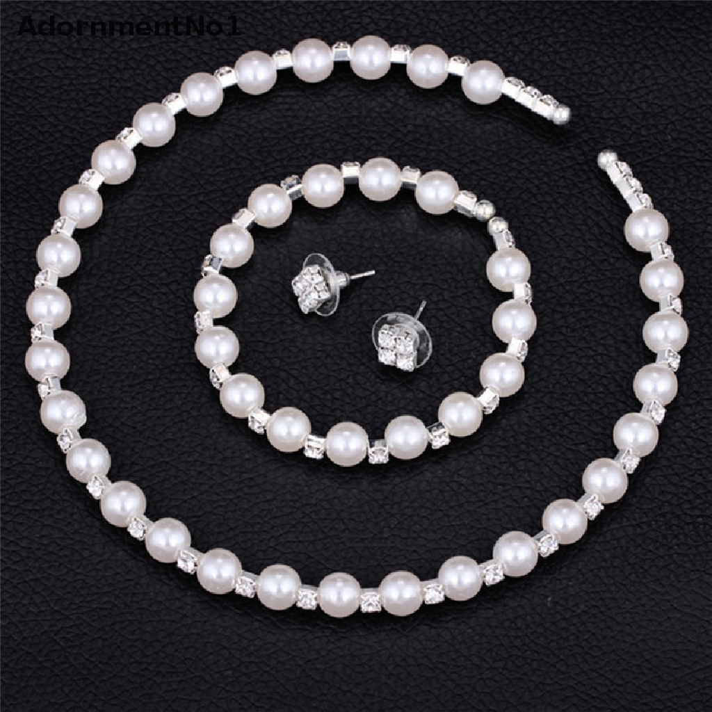 (AdornmentNo1) 1 Set Kalung + Gelang + Anting Gantung Tusuk Aksen Mutiara + Kristal Untuk Perhiasan Wanita / Bridesmaid