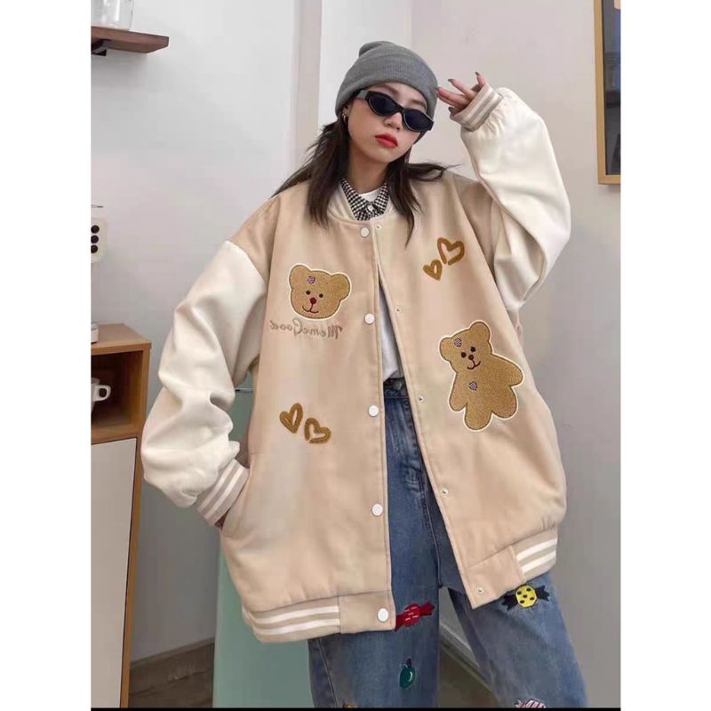 MEME GOOD BEAR HEART VARSITY BASEBALL - SF - BAJU WANITA CASUAL KERJA- BAJU WANITA VIRAL - BAJU WANI
