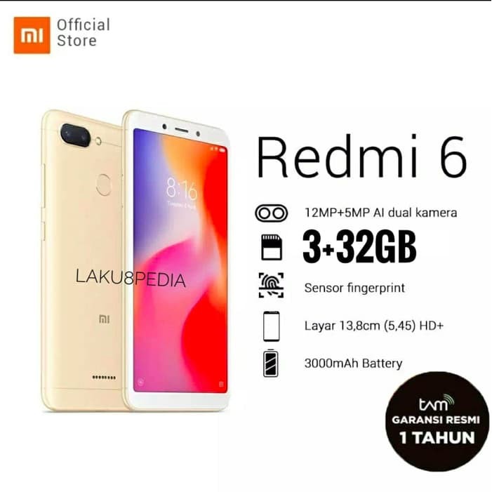 Terlaris  XIAOMI REDMI 6 TAM RESMI REDMI6 XIOMI RAM 3GB 32GB