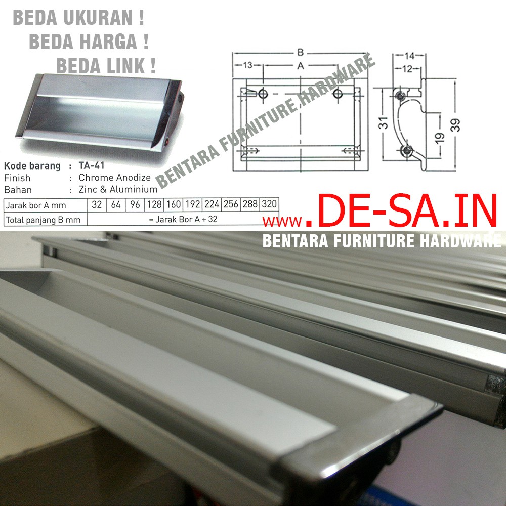 Huben TA-41 128 mm - Tarikan Laci Tanam Meja Lemari Kabinet Gagang Pintu Handle Drawer Aluminium ( Sekitar 12 - 13 - 14 -15 -16 cm )