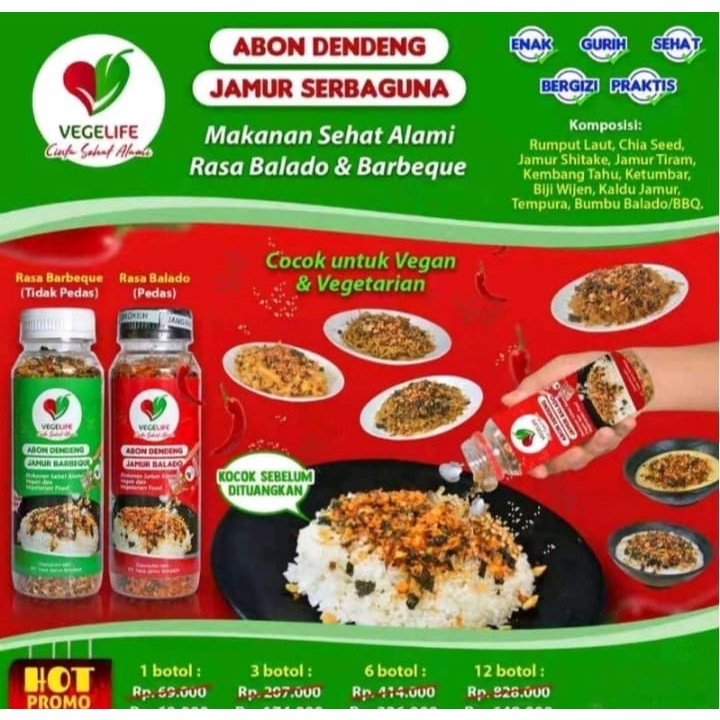 VEGELIFE Abon Dendeng Jamur Balado Makanan Vegan/Vegetarian Rasa Pedas
