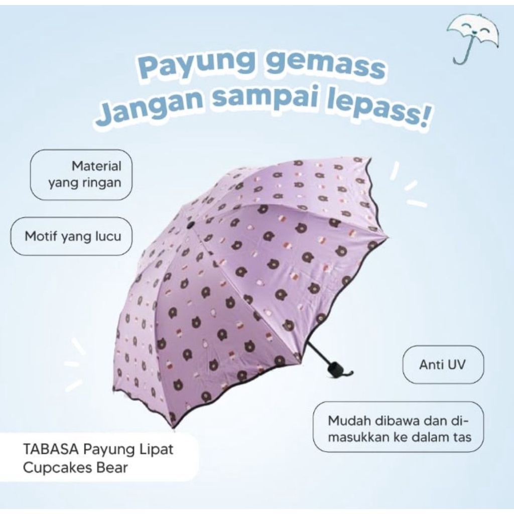 Payung Lipat Otomatis Anti Panas Uv Protection Motif Cupcakes Bear Lucu Cantik Ke58