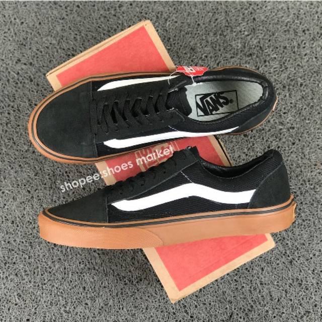 VANS OLDSKOOL BLACK GUM LIST HITAM PUTIH WAFFLE DT