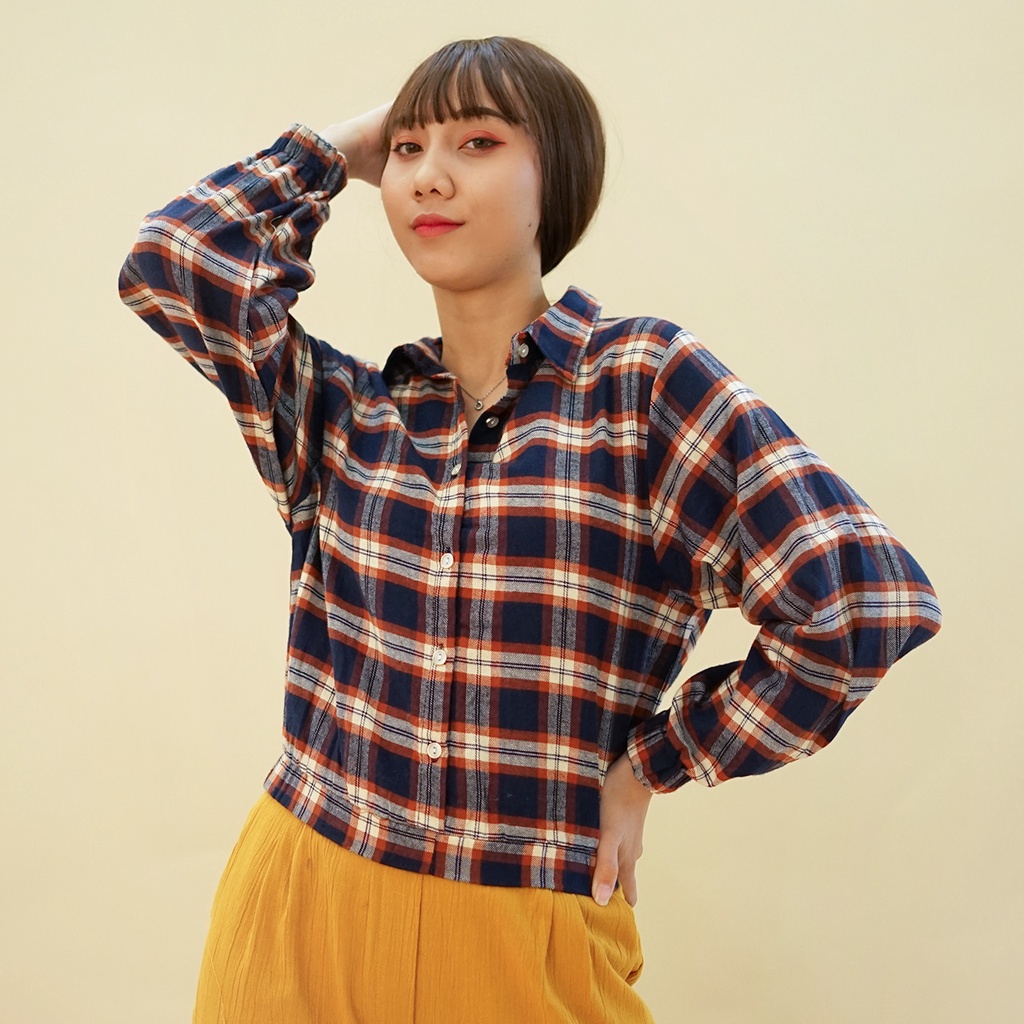 VT Kemeja Kotak kotak Wanita Kekinian Baju Kemeja Cewek Versi Korea Terbaru Kemeja Blouse Perempuan 