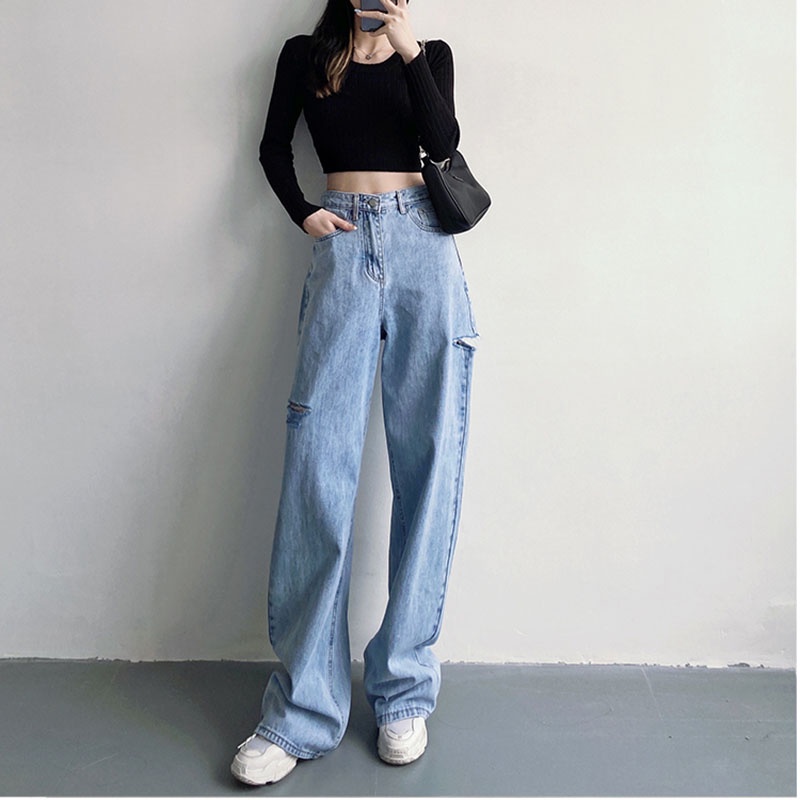 JEANS KOREAN STYLE HIGHT WAIST KULOT JEANS SOBEK CELANA JEANS WANITA