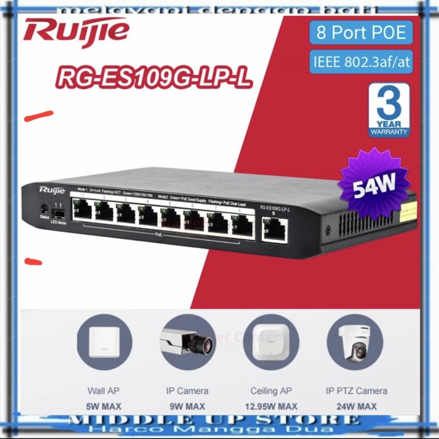 Ruijie RG-ES109G-LP-L Switch 8 port POE UnMANAGED Gigabite