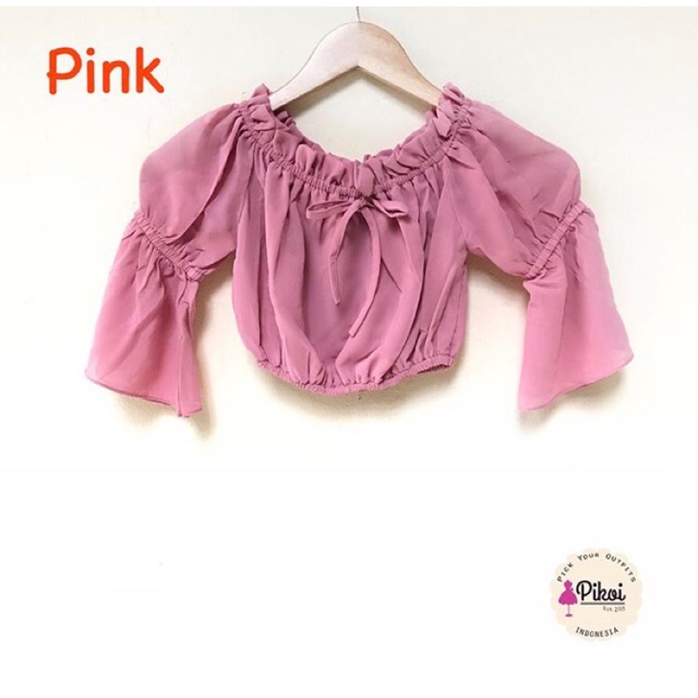 Baju crop top sabrina wanita murah / atasan blouse pantai kekinian polos crepe tebal halus / 896