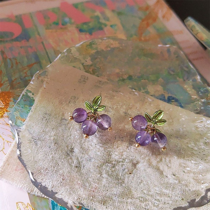 Anting Tusuk Motif Anggur Ungu / Daun Hijau Simple Untuk Wanita