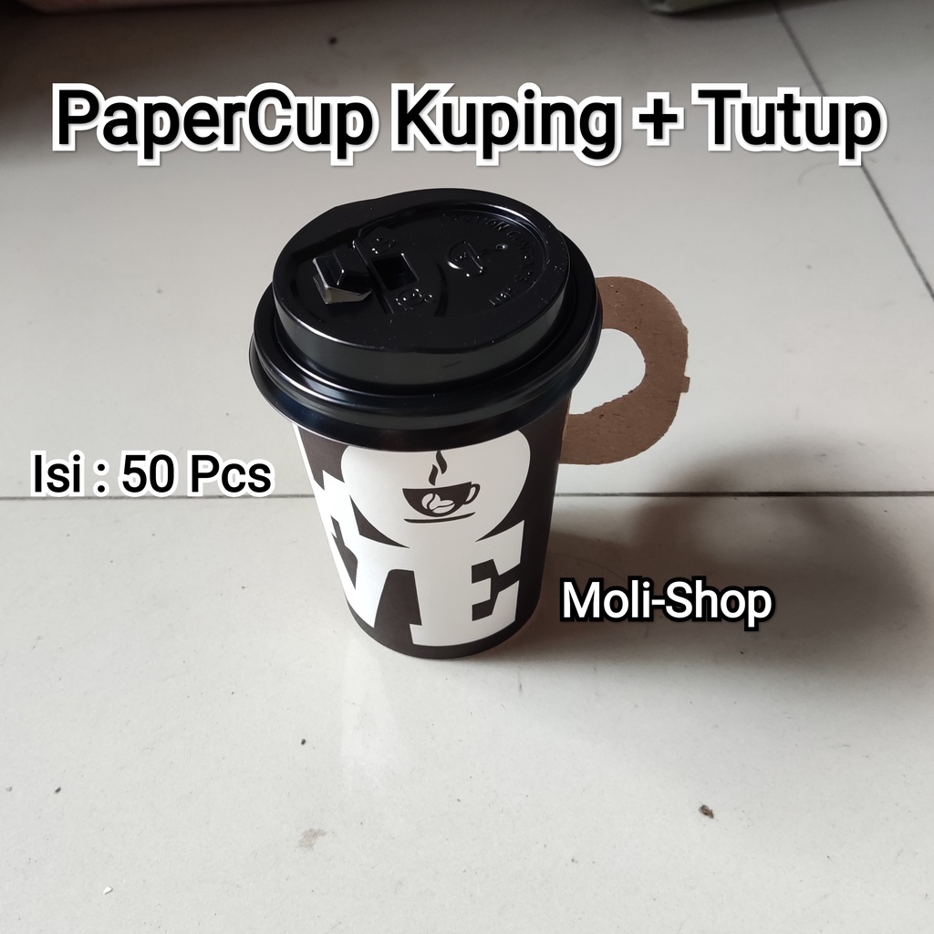 PaperCup Kuping / Gelas  kertas Gagang + Tutup  (isi 50pcs), Paper cup, Gelas Kertas, Gelas Kopi