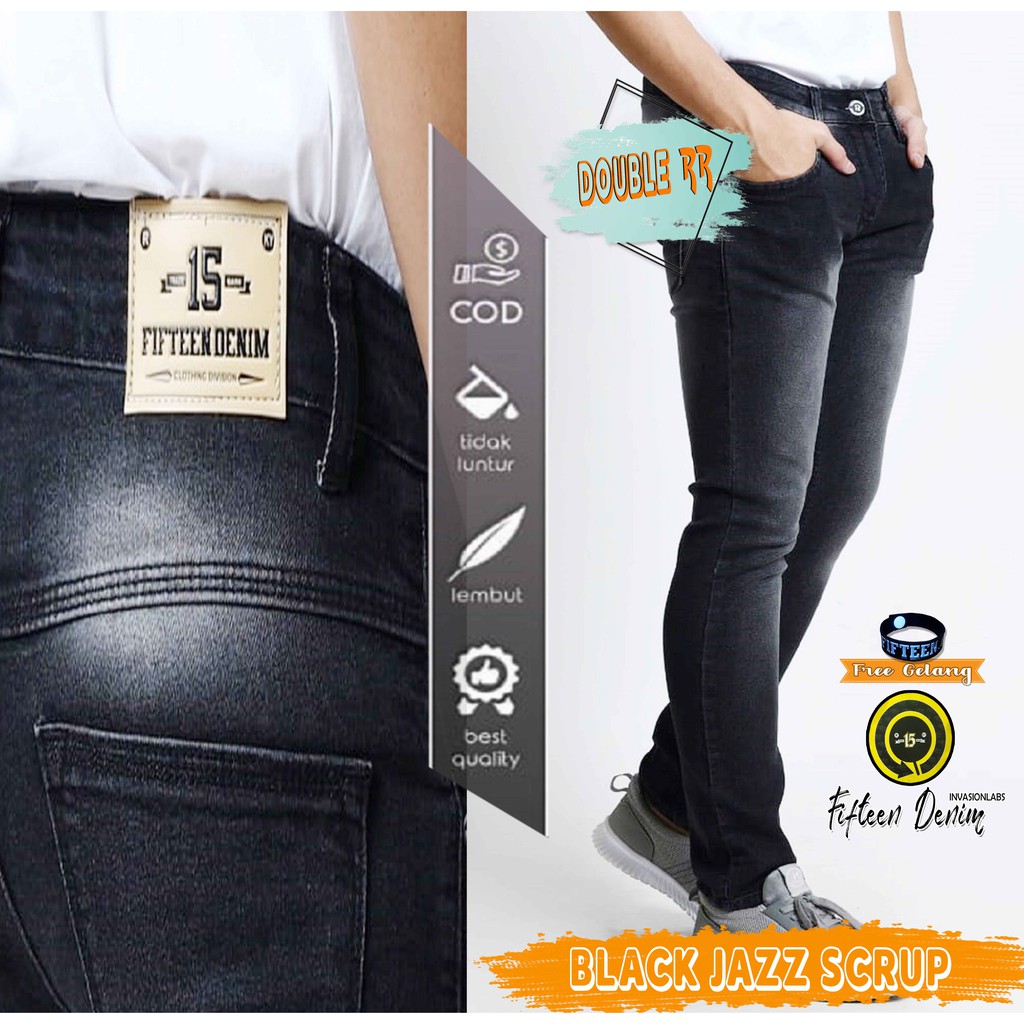 FIFTEEN DENIM - Celana Jeans Pria Slim Fit Streetch Original New Fifteen Denim / Celana Pria Jeans BLACK JAZZ SCRUP