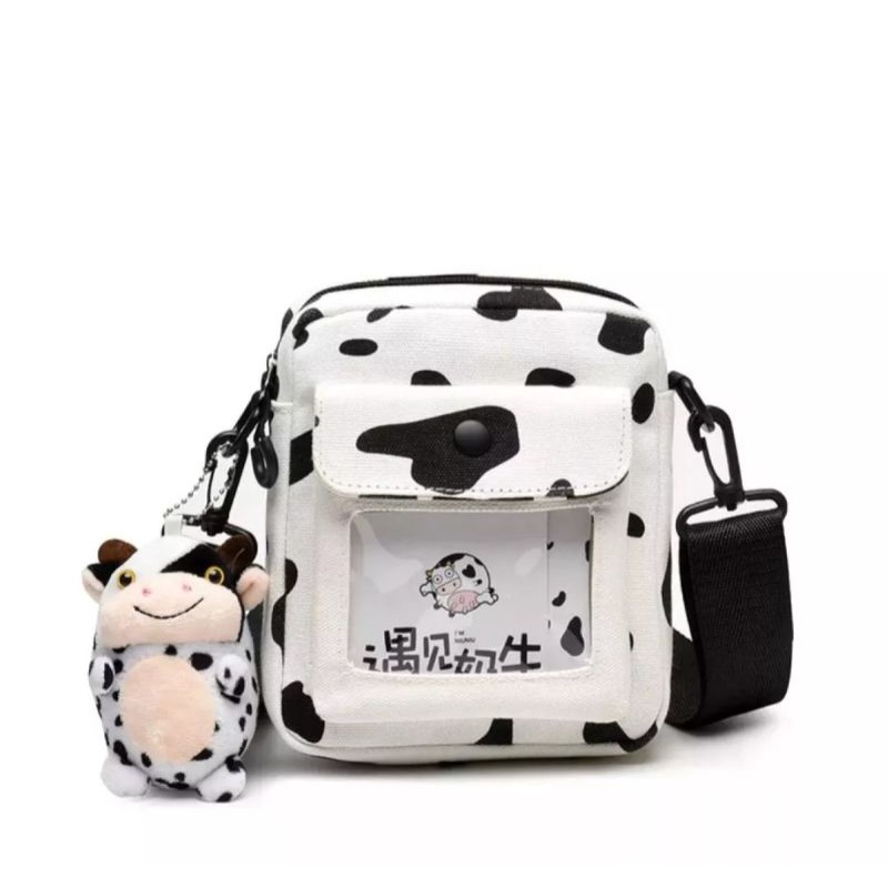 Tas Ransel Mini Motif Sapi//Slempang 2In1 - Tas Slempang Bahu Wanita-Slempang Mika Putih