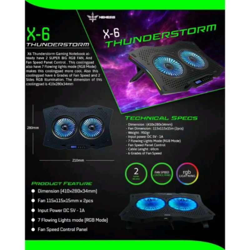 cooling pad Nyk X-6 Thunderstorm rgb 2 fan - Cooling pad nemesis Nyk original